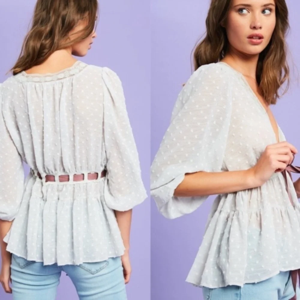 LAST ONE ☝️Textured Chiffon Blouse w/Ribbon Accent
